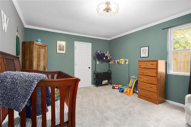 bedroom featuring carpet and crown molding