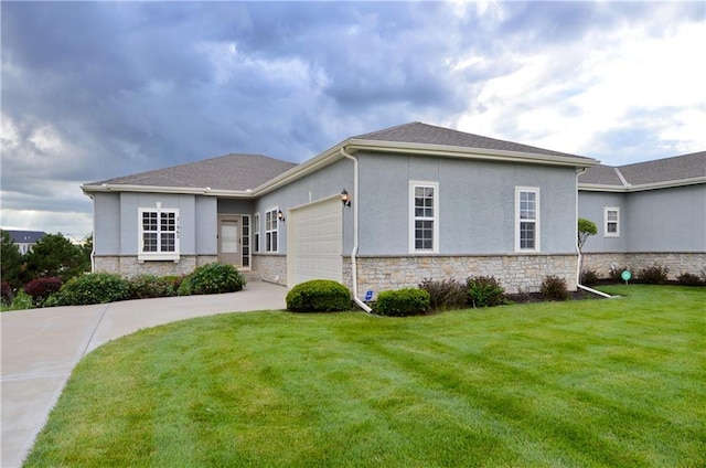 21962 W 116th Ter, Olathe, KS 66061 - single story home featuring stone siding, a garage, stucco siding, and concrete driveway