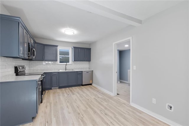 522 E Fair Ave, Independence, MO 64055 - kitchen featuring a sink, appliances with stainless steel finishes, backsplash, light countertops, and light wood-style flooring