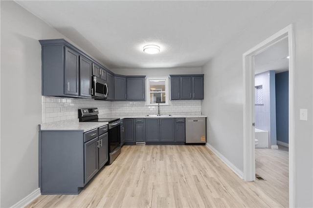 522 E Fair Ave, Independence, MO 64055 - kitchen featuring appliances with stainless steel finishes, light wood-style floors, light countertops, decorative backsplash, and a sink