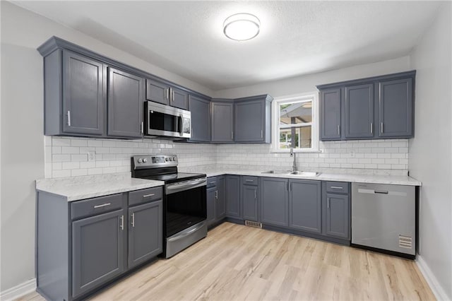 522 E Fair Ave, Independence, MO 64055 - kitchen featuring appliances with stainless steel finishes, a sink, light wood-style flooring, and light countertops