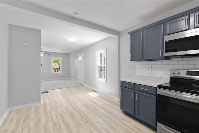 522 E Fair Ave, Independence, MO 64055 - kitchen with appliances with stainless steel finishes, light wood-style floors, baseboards, tasteful backsplash, and open floor plan