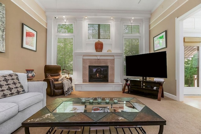 living area featuring crown molding, carpet flooring, and a fireplace