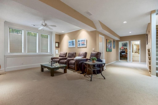 carpeted living area with baseboards, ceiling fan, and recessed lighting