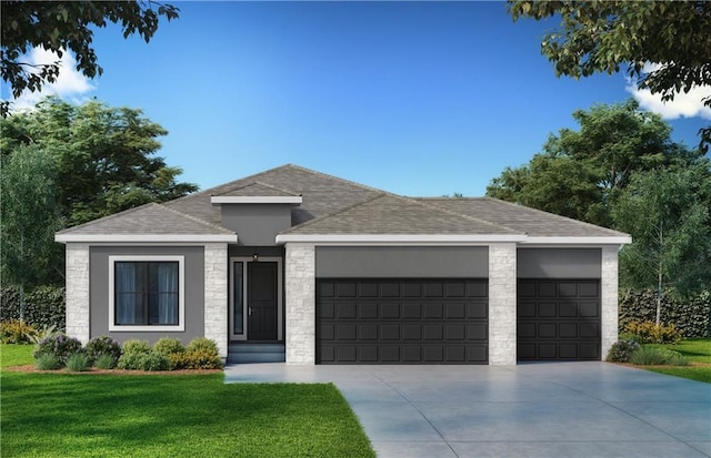 view of front of house featuring a front yard, a garage, stucco siding, roof with shingles, and concrete driveway