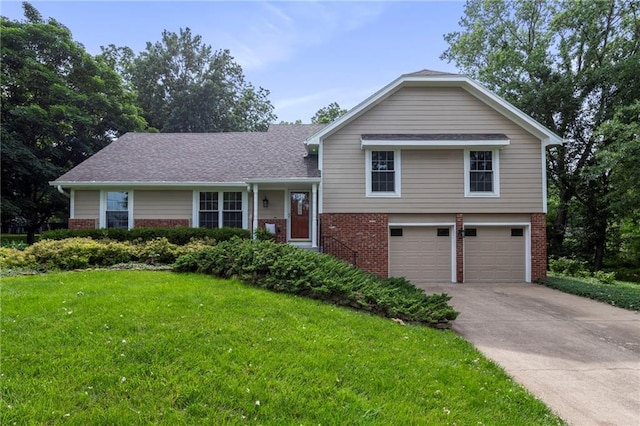 16280 Nall Ave, Stilwell, KS 66085 - split level home featuring brick siding, an attached garage, concrete driveway, a front lawn, and a shingled roof