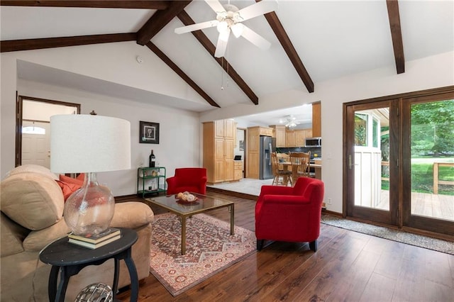 16280 Nall Ave, Stilwell, KS 66085 - living room with a ceiling fan, beamed ceiling, wood-type flooring, and high vaulted ceiling