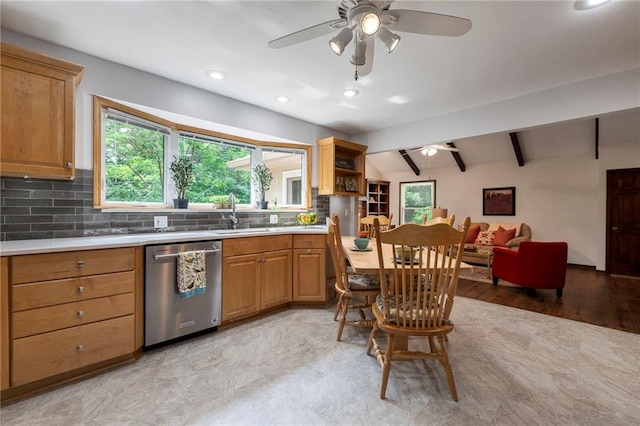 16280 Nall Ave, Stilwell, KS 66085 - kitchen featuring dishwasher, a ceiling fan, backsplash, light countertops, and recessed lighting