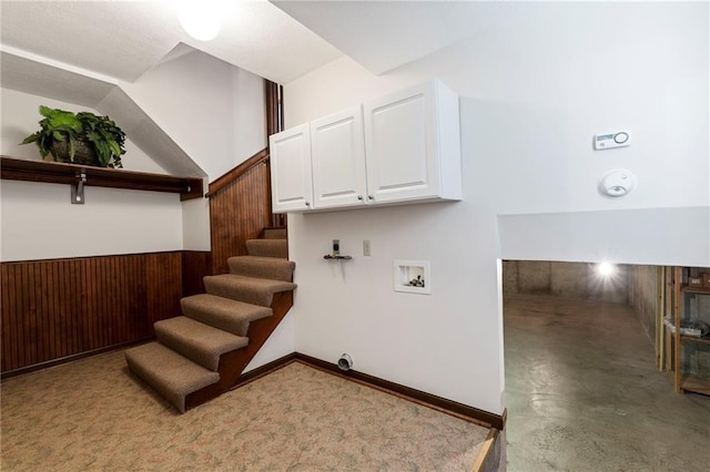 16280 Nall Ave, Stilwell, KS 66085 - basement featuring stairway, a wainscoted wall, and wooden walls