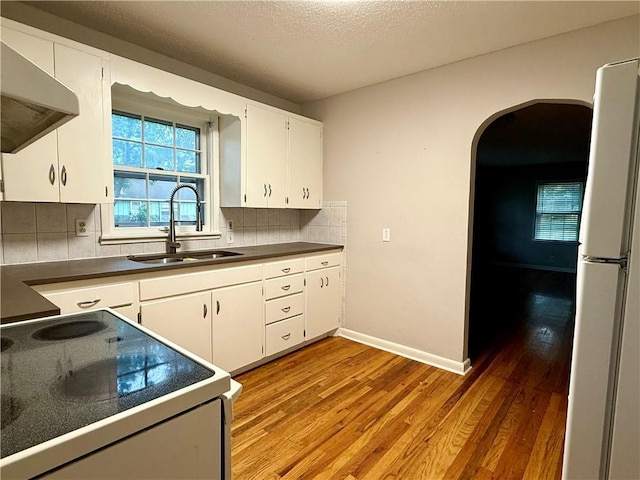 406 Bowen St, Linwood, KS 66052 - kitchen featuring white appliances, a sink, under cabinet range hood, arched walkways, and light wood finished floors