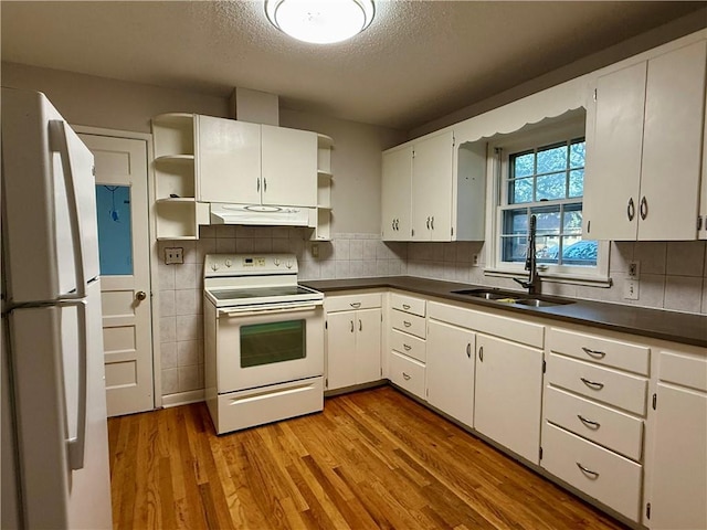 406 Bowen St, Linwood, KS 66052 - kitchen with white appliances, open shelves, a sink, dark countertops, and under cabinet range hood
