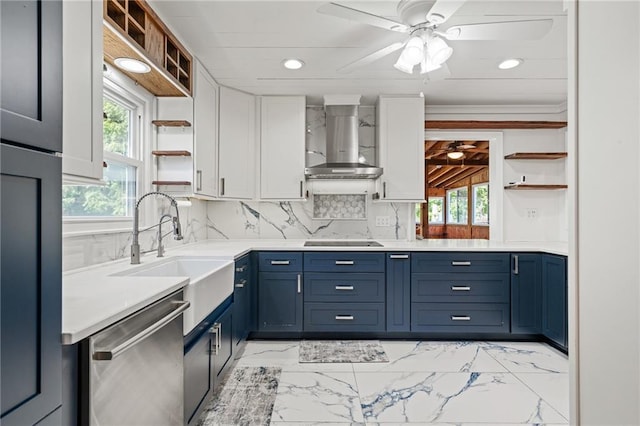 8822 Hadley St, Overland Park, KS 66212 - kitchen with open shelves, wall chimney range hood, stainless steel dishwasher, black electric stovetop, and white cabinets
