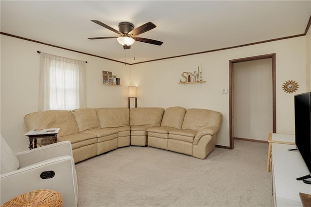 906 W Pearl St, Savannah, MO 64485 - living room with ceiling fan, light colored carpet, baseboards, and ornamental molding