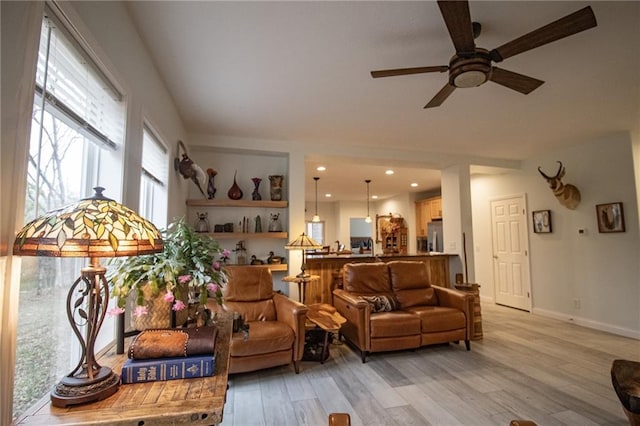 10200 SE 1075th Rd, Collins, MO 64738 - living area featuring ceiling fan, light wood finished floors, and baseboards
