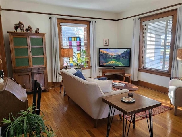 living room featuring light wood-style floors, healthy amount of natural light, and baseboards