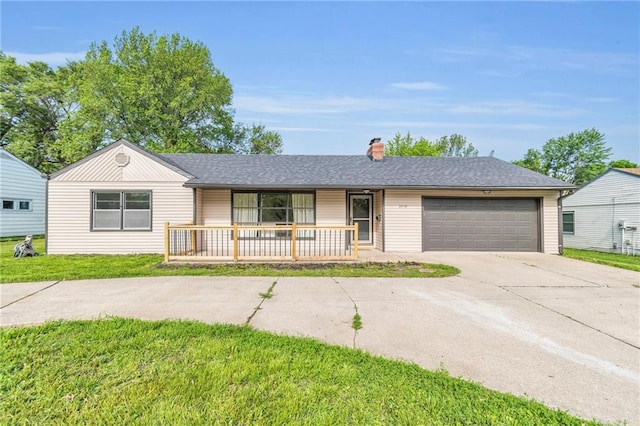 3710 S Sterling Ave, Independence, MO 64052 - ranch-style house featuring a porch, driveway, a garage, a front lawn, and a chimney