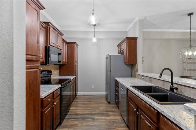 14037 W 112th Ter, Olathe, KS 66062 - kitchen featuring black appliances, a sink, ornamental molding, backsplash, and dark wood-style floors