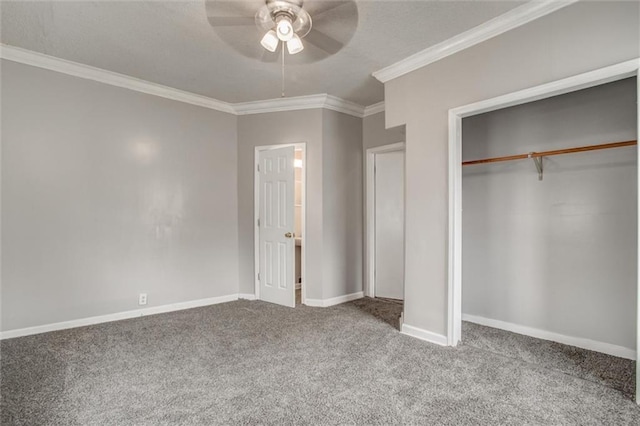 628 S Huttig Ave, Independence, MO 64053 - unfurnished bedroom with crown molding, carpet floors, a closet, baseboards, and a ceiling fan