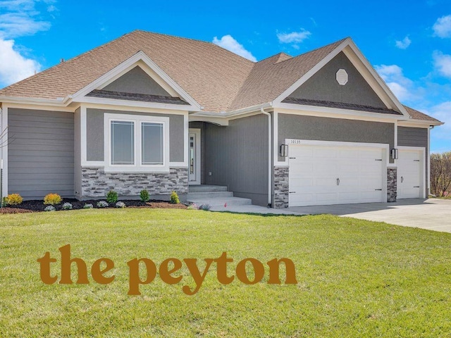 10201 N Winchester Ave, Kansas City, MO 64156 - single story home with stone siding, an attached garage, a front lawn, and driveway