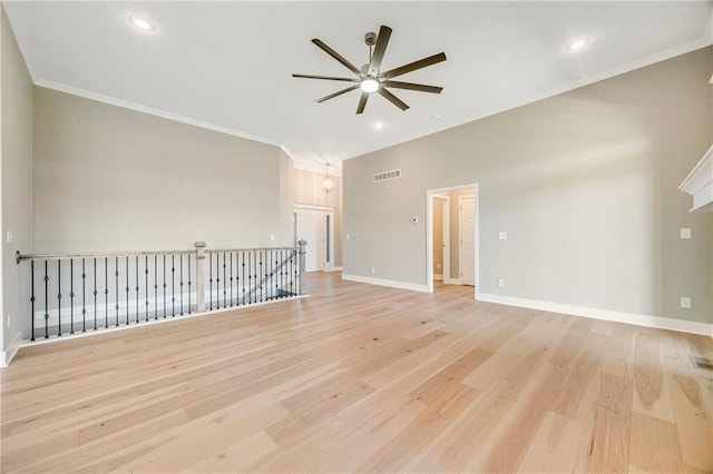 10201 N Winchester Ave, Kansas City, MO 64156 - empty room featuring a ceiling fan, light wood-style floors, ornamental molding, baseboards, and recessed lighting