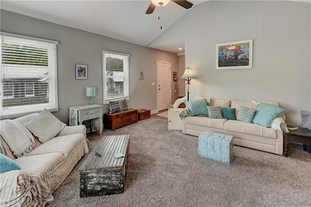 living area with carpet floors, vaulted ceiling, a ceiling fan, plenty of natural light, and recessed lighting