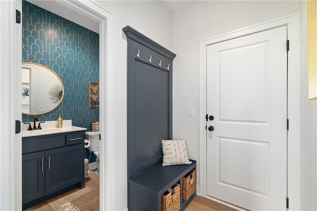 18873 W 168th Ter, Olathe, KS 66062 - mudroom with a sink, light wood finished floors, and wallpapered walls