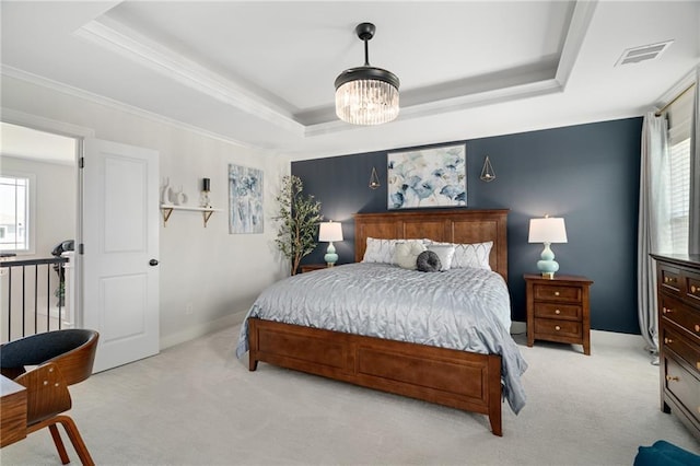 18873 W 168th Ter, Olathe, KS 66062 - bedroom with light colored carpet, a raised ceiling, a chandelier, crown molding, and baseboards