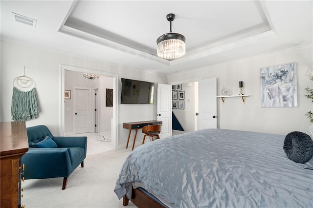 18873 W 168th Ter, Olathe, KS 66062 - bedroom with a chandelier, a tray ceiling, and ornamental molding