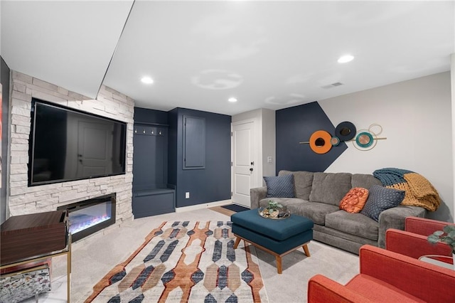 18873 W 168th Ter, Olathe, KS 66062 - living room with a fireplace, recessed lighting, and carpet floors