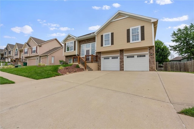 view of front of home featuring an attached garage, a residential view, driveway, and brick siding