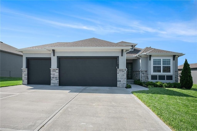 1309 NW 107th Ter, Kansas City, MO 64155 - prairie-style house featuring an attached garage, stucco siding, concrete driveway, a front lawn, and stone siding