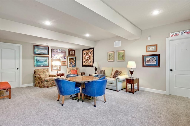 dining area with carpet, baseboards, and recessed lighting