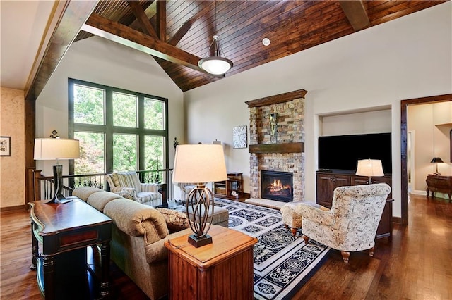 living area featuring wood ceiling, high vaulted ceiling, dark wood-style floors, baseboards, and beam ceiling
