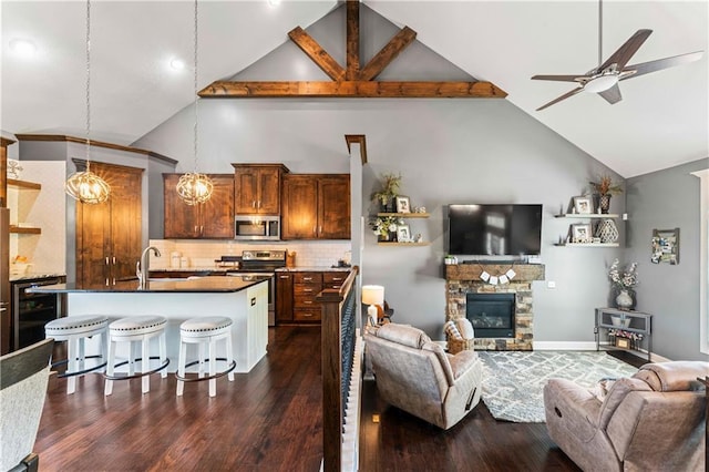 31560 W 85th St, De Soto, KS 66018 - living room with high vaulted ceiling, a ceiling fan, dark wood-type flooring, a stone fireplace, and beverage cooler