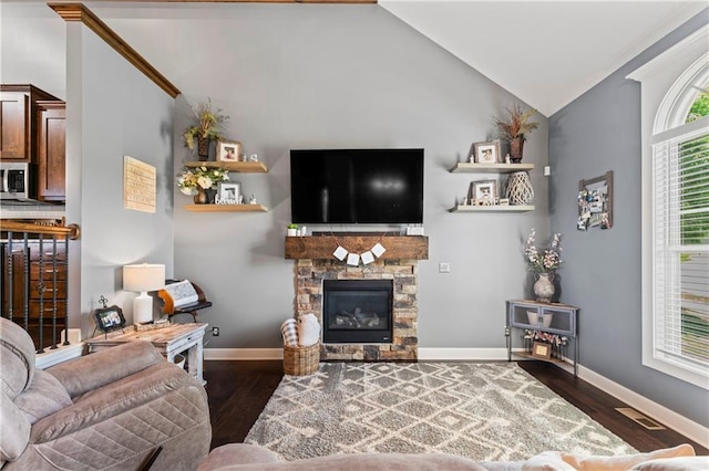 31560 W 85th St, De Soto, KS 66018 - living room featuring vaulted ceiling, wood finished floors, baseboards, and a fireplace