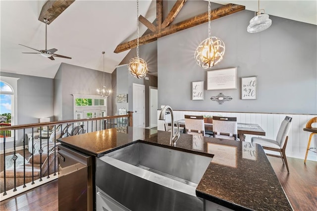 31560 W 85th St, De Soto, KS 66018 - kitchen featuring a chandelier, high vaulted ceiling, a sink, ceiling fan, and dark wood-style floors