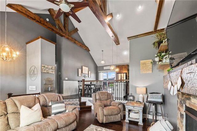 31560 W 85th St, De Soto, KS 66018 - living area with high vaulted ceiling, a chandelier, a ceiling fan, wood finished floors, and beam ceiling