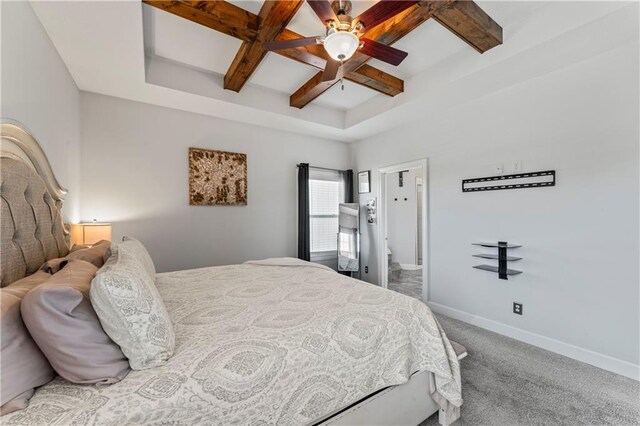 31560 W 85th St, De Soto, KS 66018 - carpeted bedroom with coffered ceiling, baseboards, beamed ceiling, and a ceiling fan