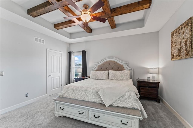 31560 W 85th St, De Soto, KS 66018 - bedroom with coffered ceiling, carpet, baseboards, beamed ceiling, and a ceiling fan