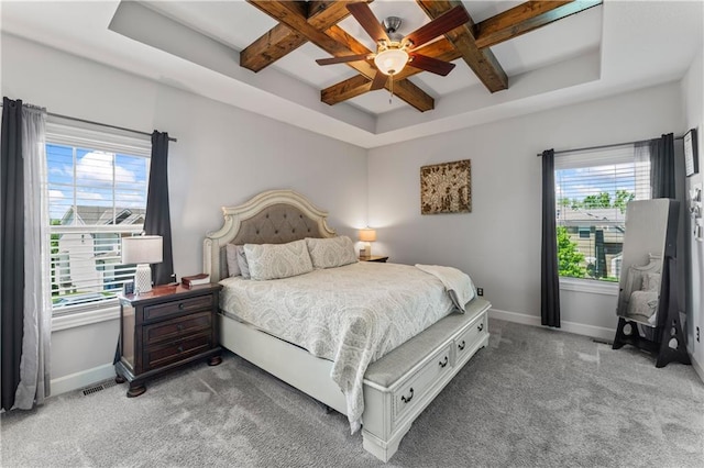 31560 W 85th St, De Soto, KS 66018 - bedroom featuring coffered ceiling, baseboards, light colored carpet, beamed ceiling, and a ceiling fan