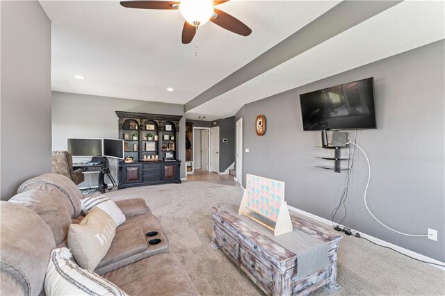 31560 W 85th St, De Soto, KS 66018 - carpeted living area featuring ceiling fan, stairs, baseboards, and recessed lighting