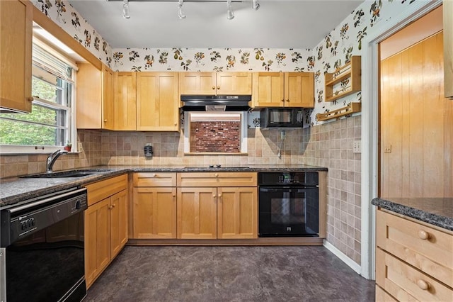 5811 W 85th Ter, Overland Park, KS 66207 - kitchen featuring black appliances, a sink, under cabinet range hood, open shelves, and backsplash