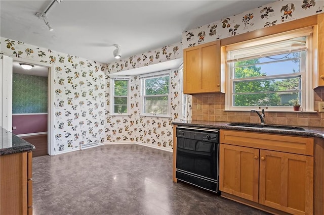 5811 W 85th Ter, Overland Park, KS 66207 - kitchen with black dishwasher, wallpapered walls, a sink, healthy amount of natural light, and track lighting