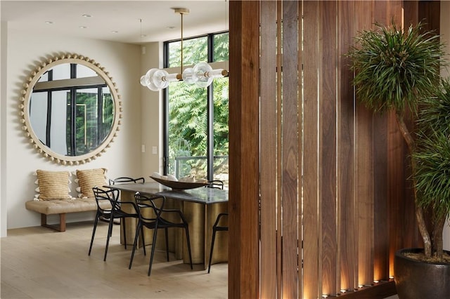 dining room with light wood finished floors and wood walls
