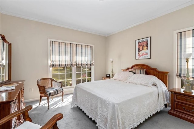 bedroom featuring carpet flooring and ornamental molding