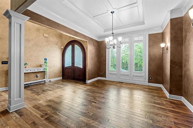 16249 Stearns St, Overland Park, KS 66221 - foyer entrance featuring dark wood-style floors, a chandelier, crown molding, french doors, and baseboards