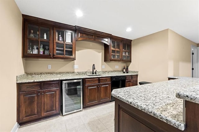 16249 Stearns St, Overland Park, KS 66221 - indoor wet bar with beverage cooler, dishwasher, light tile patterned flooring, and recessed lighting