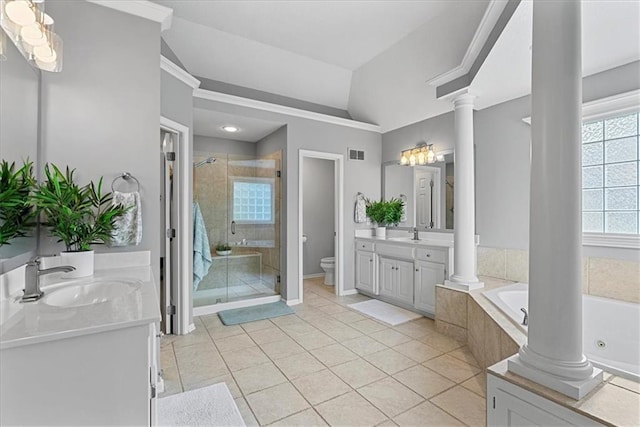 19600 W 98th St, Lenexa, KS 66220 - bathroom featuring decorative columns, a whirlpool tub, a shower stall, vanity, and toilet