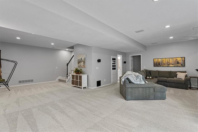 19600 W 98th St, Lenexa, KS 66220 - carpeted living area featuring baseboards, stairs, and recessed lighting