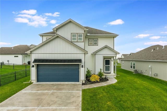 view of front of house with board and batten siding, driveway, central AC, a shingled roof, and a garage